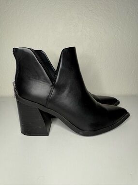 Black Leather Pointed Ankle Booties with Block Heel